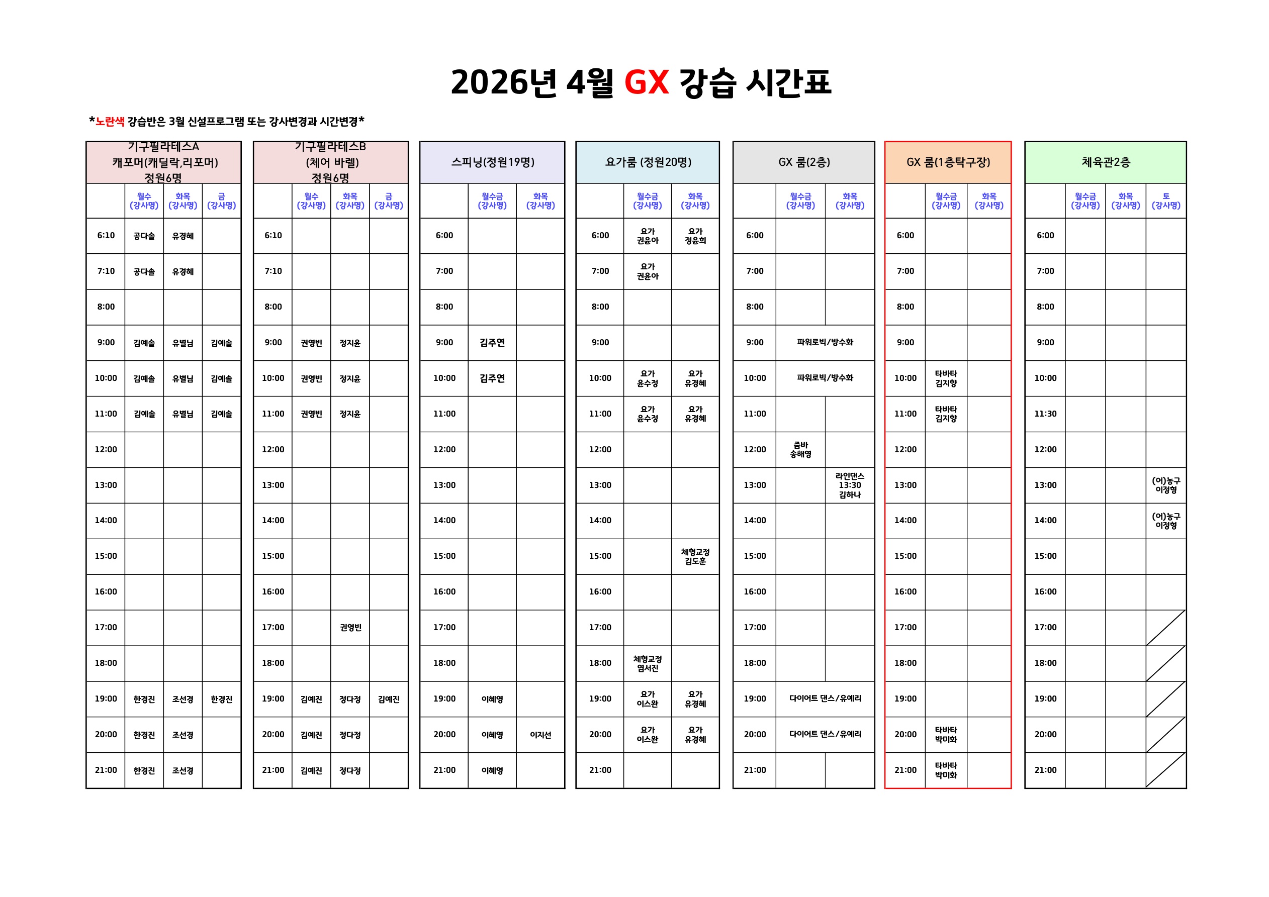  2026년 4월 수영 강습 시간표 및 강사 배정표 이미지지첨부파일 4월_GX_강습_시간표_1.jpg